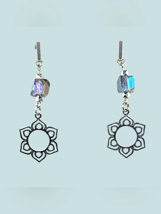 Boho Silver Mandala Dangle Earrings with Iridescent Crystal Bead - Picture 2 of 2